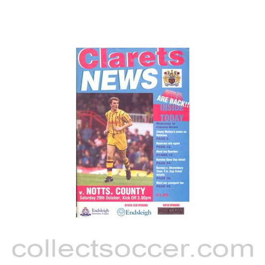 1994 - Burnley v Notts County official programme 29/10/1994 Football League