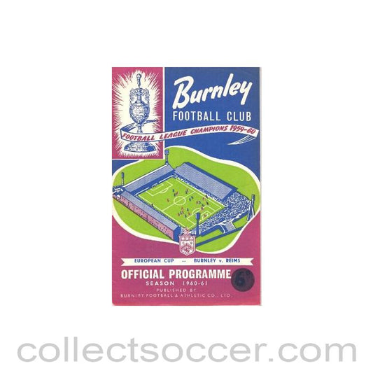 1960 - Burnley v Reims, France official programme 16/11/1960 European Cup