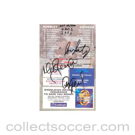 1995 - Burnley v Swindon Town official programme 04/02/1995 signed by for footballers