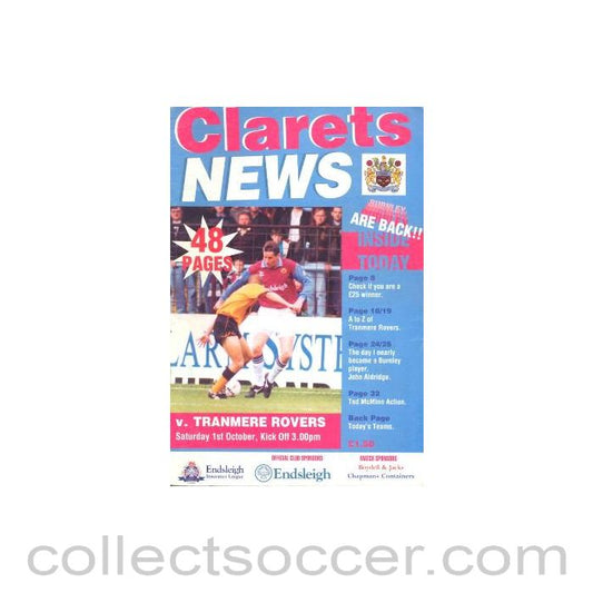 1994 - Burnley v Tranmere Rovers official programme 01/10/1994