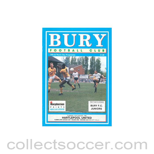 1991 - Bury v Hartlepool United official programme 27/08/1991 Rumbelows League