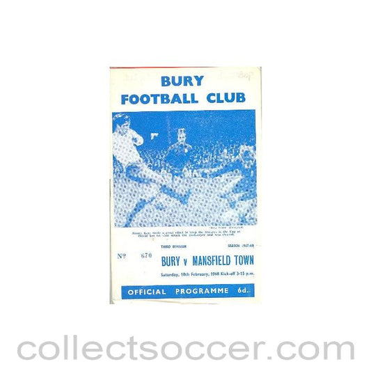 1968 - Bury v Mansfield Town official programme 10/02/1968 Football League
