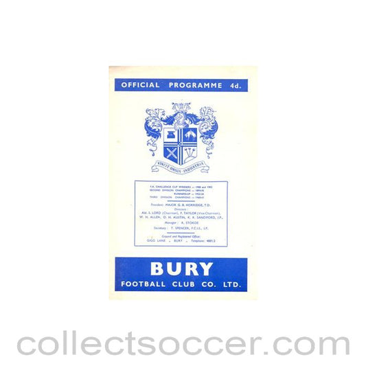 1964 - Bury v Plymouth Argyle official programme 06/10/1964 Football League