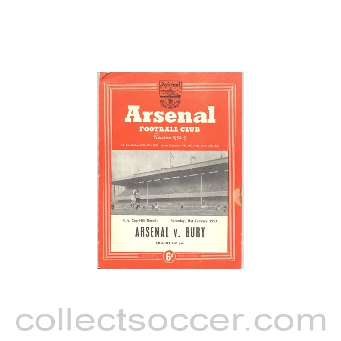 1953 - Arsenal v Bury official programme 31/01/1953