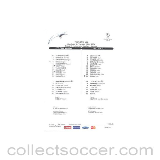 2004 - CSKA Moscow v Chelsea teamsheet 02/11/2004 Champions League