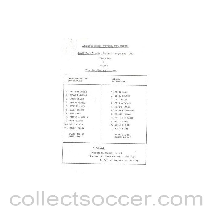 1983 - Cambridge United v Chelsea official teamsheet 28/04/1983 South East Counties League Cup Final