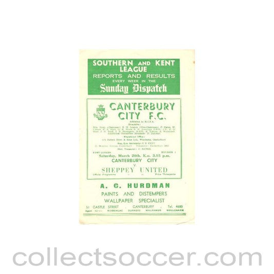 1954 - Canterbury City v Sheppey United official programme 20/03/1954