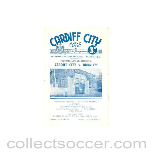 1952 - Cardiff City v Burnley official programme 13/09/1952