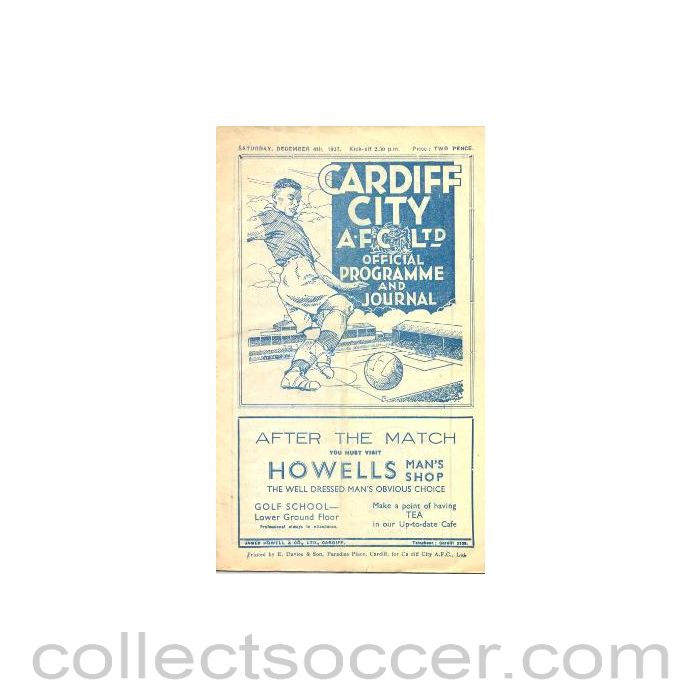1937 - Cardiff City v Millwall official programme 04/12/1937