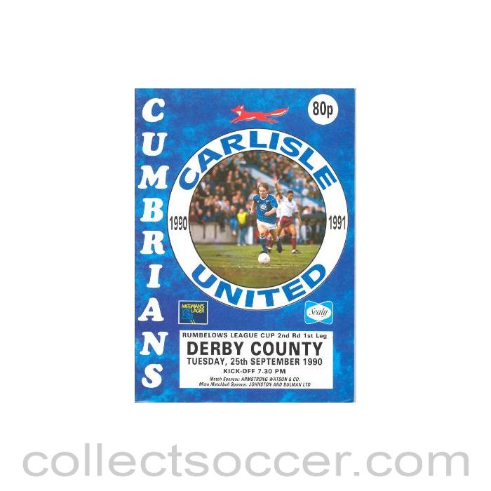 1990 - Carlisle United v Derby County official programme 25/09/1990 Rumbelows League Cup