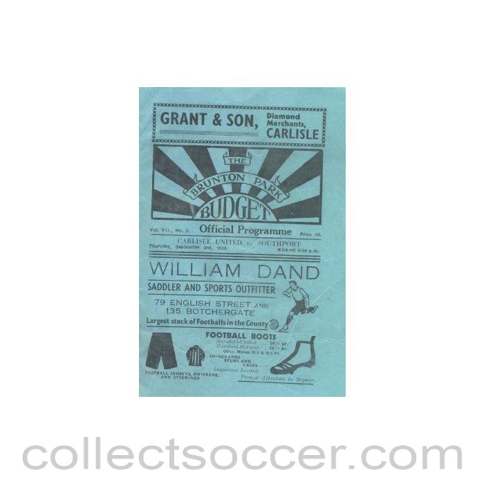 1936 - Carlisle United v Southport official programme 03/09/1936 Very Rare!
