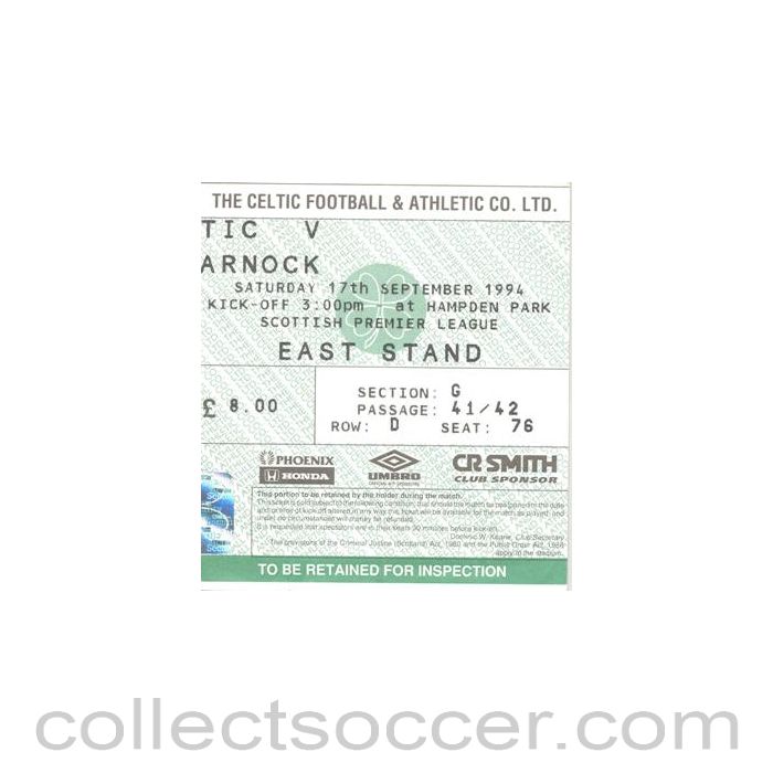 1994 - Celtic v Kilmarnock ticket 17/09/1994 Scottish Premier League