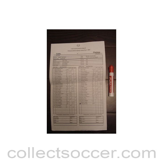 2004 - Celtic v Chelsea official handwritten teamsheet 24/07/2004 for a match played in Seattle, Washington, USA