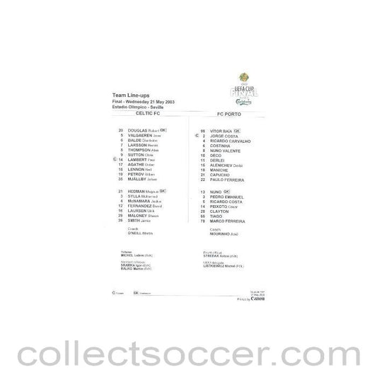 2003 UEFA Cup Final Celtic v Porto 21/05/2003 Team Line-Ups
