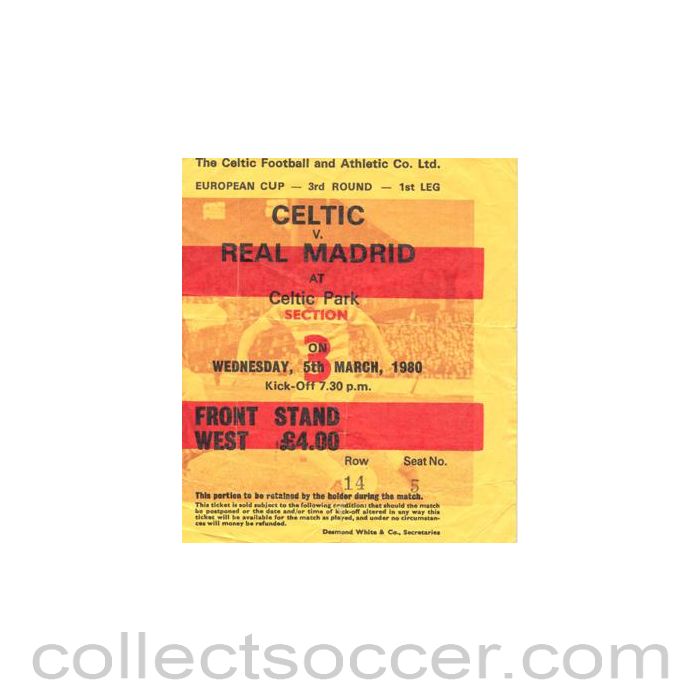 1980 - Celtic v Real Madrid ticket 05/03/1980 European Cup