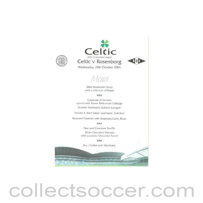 2001 Celtic v Rosenborg menu 10/10/2001