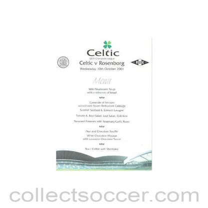 2001 Celtic v Rosenborg menu 10/10/2001