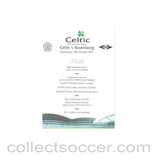 2001 Celtic v Rosenborg menu 10/10/2001