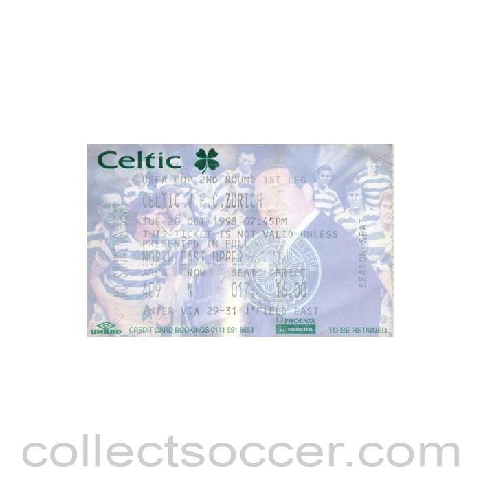 1998 - Celtic v Zurich ticket 20/10/1998 UEFA Cup