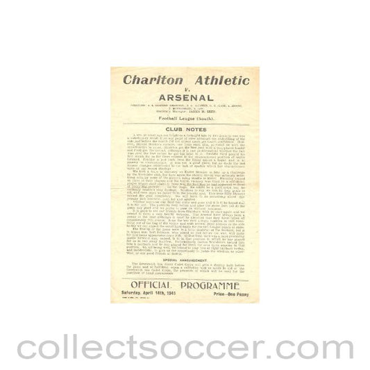 1945 - Charlton Athletic v Arsenal official programme 14/04/1945