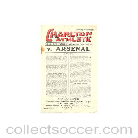 1953 - Charlton Athletic v Arsenal official programme 24/01/1953