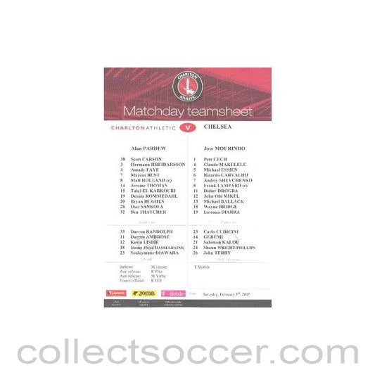 2007 - Charlton Athletic v Chelsea colour teamsheet 03/02/2007