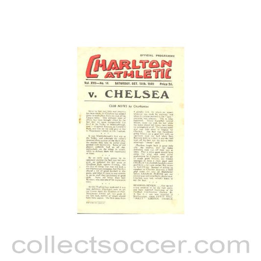 1949 - Charlton Athletic vChelsea official programme 15/10/1949