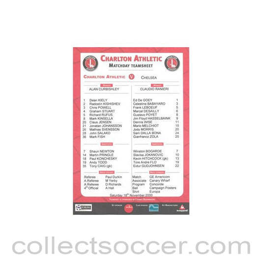 2000 - Charlton Athletic v Chelsea official colour teamsheet 18/11/2000 Premier League