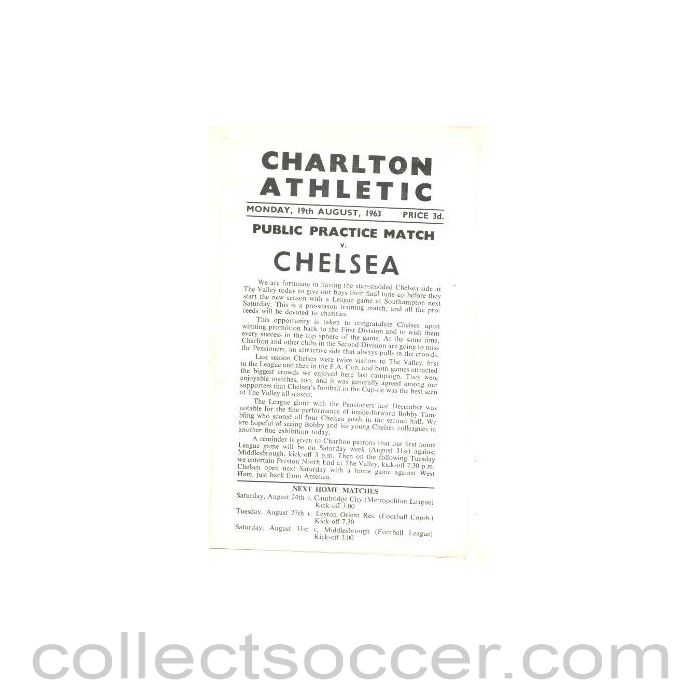 1963 - Charlton Athletic vChelsea official programme 19/08/1963