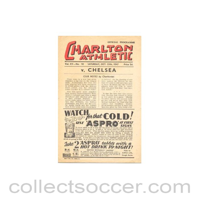1947 - Charlton Athletic vChelsea official programme 25/10/1947