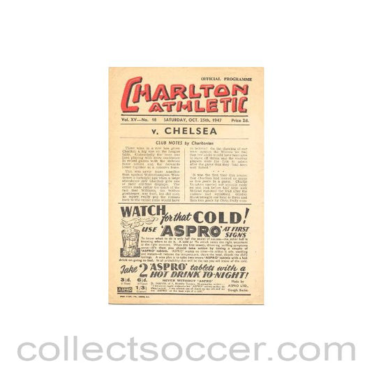 1947 - Charlton Athletic vChelsea official programme 25/10/1947