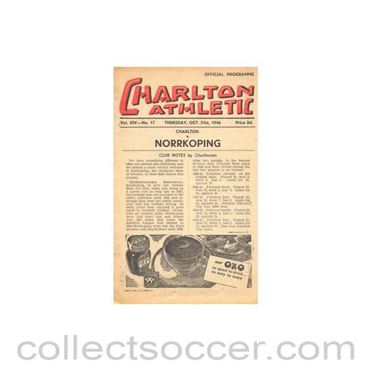 1946 - Charlton Athletic v Norrkoping official programme 31/10/1946