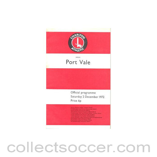 1972 - Charlton Athletic v Port Vale official programme 02/12/1972 Football League