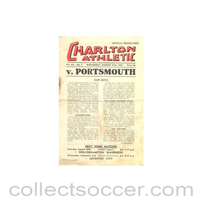 1952 - Charlton Athletic v Portsmouth official programme 27/08/1952 Football League
