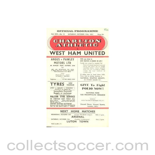 1957 - Charlton Athletc v West Ham United official programme 12/10/1957