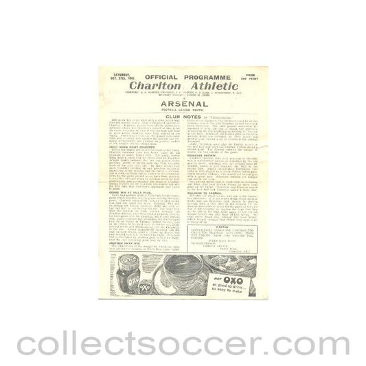 1945 - Charlton Athletic v Arsenal official programme 27/10/1945