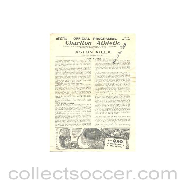 1945 - Charlton Athletic v Aston Villa official programme 06/10/1945
