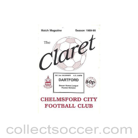 1989 - Chelmsford v Dartford official programme 02/12/1989 Beazer Homes League Premier Division