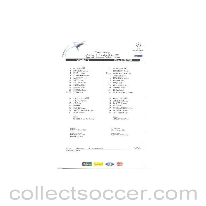 2005 - Chelsea v Anderlecht teamsheet 13/09/2005