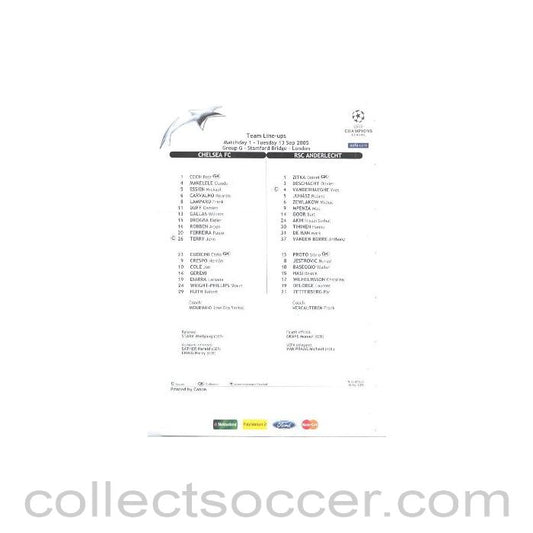 2005 - Chelsea v Anderlecht teamsheet 13/09/2005