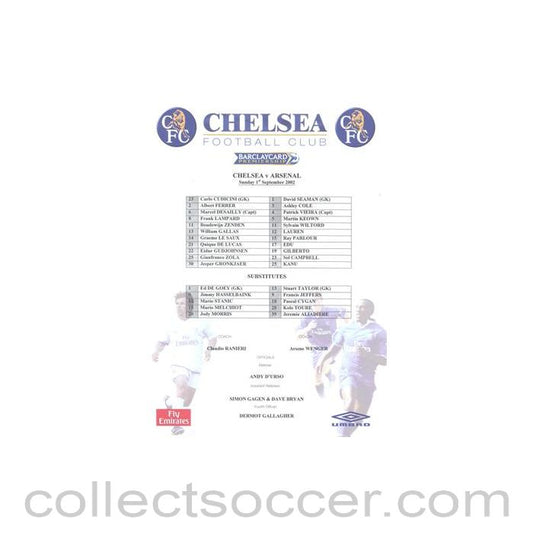 2002 - Chelsea v Arsenal official colour teamsheet 01/09/2002 Premier League