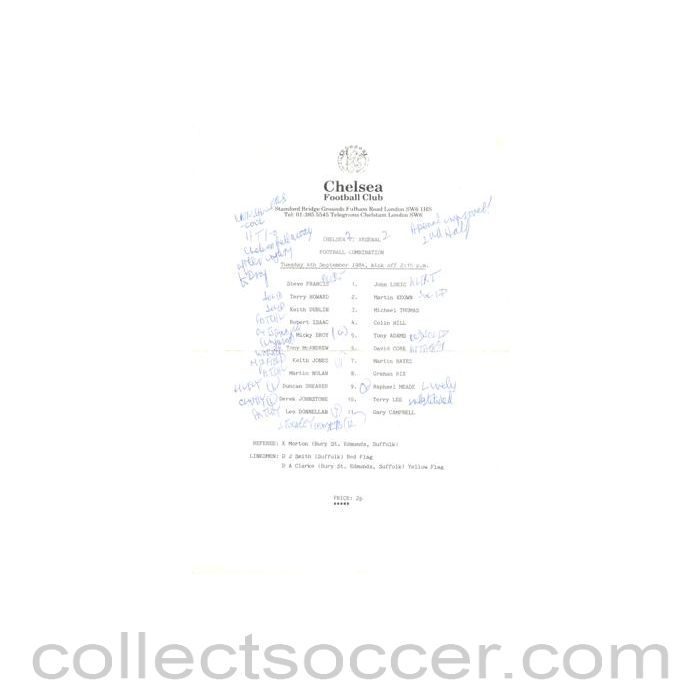1984 - Chelsea v Arsenal Reserves official teamsheet 04/09/1984 Football Combination
