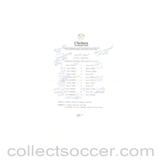 1984 - Chelsea v Arsenal Reserves official teamsheet 04/09/1984 Football Combination