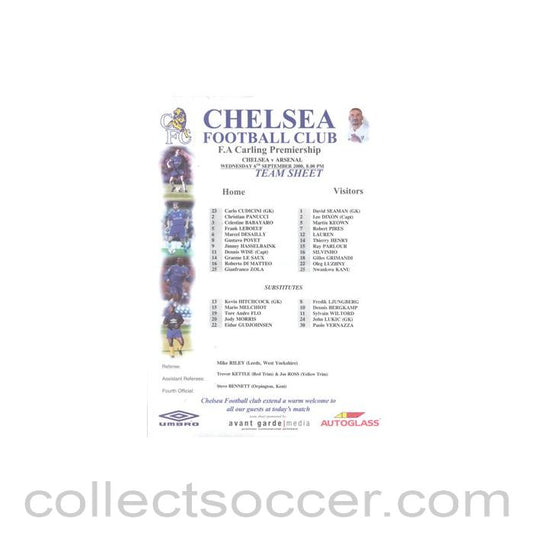 2000 - Chelsea v Arsenal official colour teamsheet 06/09/2000 Premier League