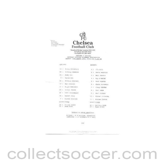 1994 - Chelsea v Arsenal official teamsheet 14/03/1994