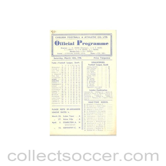 1946 - Chelsea v Arsenal official programme 16/03/1946