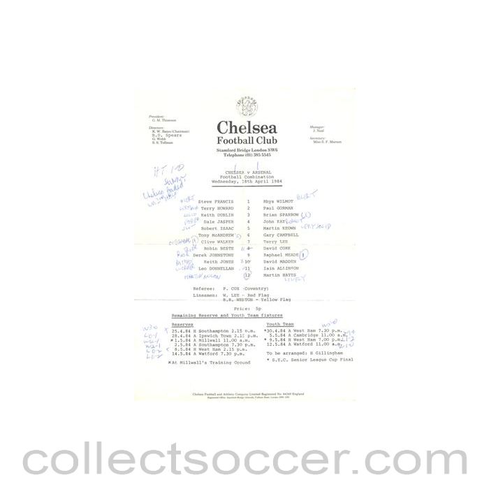 1984 - Chelsea v Arsenal Reserves official teamsheet 18/04/1984 Football Combination