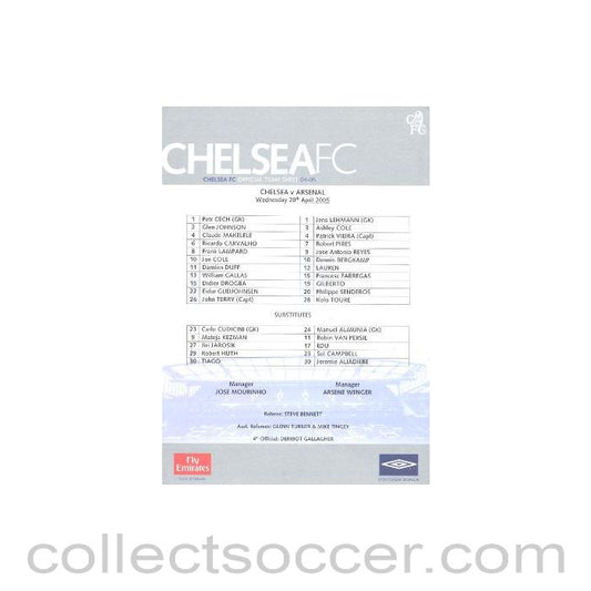 2005 - Chelsea v Arsenal official teamsheet 20/04/2005