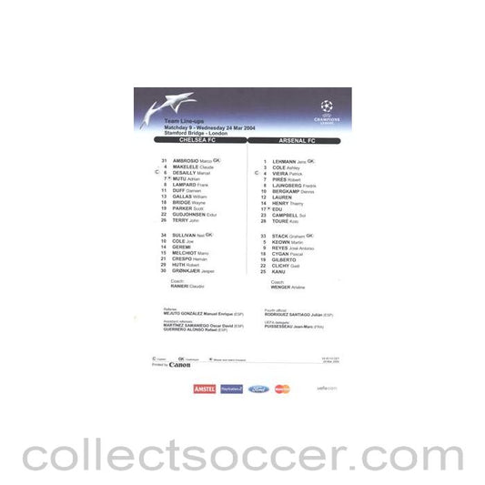 2004 - Chelsea v Arsenal official teamsheet 24/03/2004 Champions League