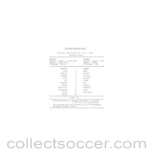 1977 - Chelsea v Arsenal official teamsheet 26/03/1977 friendly match